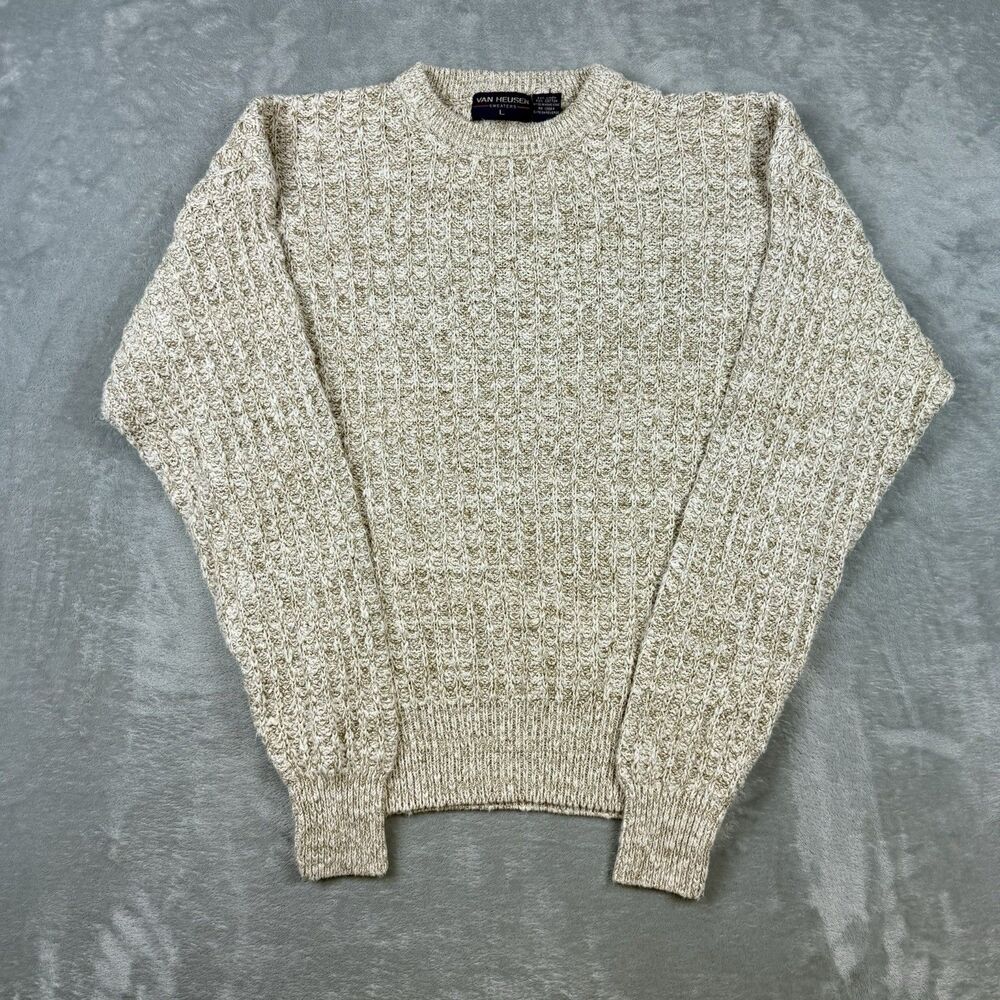 Vintage 90s Van Heusen Linen Cotton Chunky Knit Sweater Beige Large